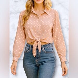 Forever 21 Polka Dot Tie Front Cropped Blouse Long Sleeves Blush Pink Size M